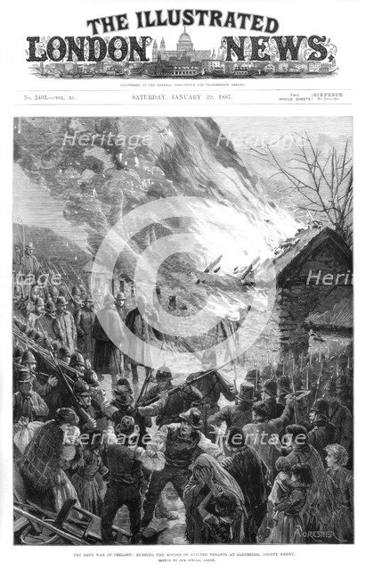 Burning the houses of evicted tenants at Glenbeigh, County Kerry, Ireland, 1887. Artist: A Forestier