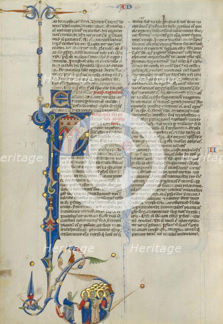 Initial P: Saint Paul Escaping Prison in a Basket; Abbey Bible, about 1250-1262. Creator: Unknown.