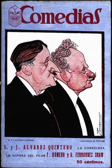 Cover of the publication 'Comedias'. Caricature of brothers Serafin Alvarez Quintero (1871-1938) …