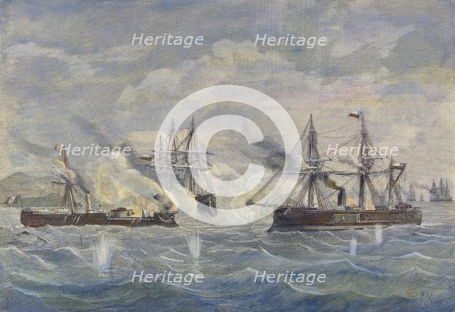 Peru - Bolivia - Chile War, 1879, naval battle between the Peruvian ship 'Huascar' against the Ch…