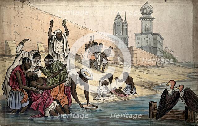 The "death of Hindoos on the banks of the river Ganges", 1860. Creator: The Empire Traveller.