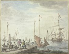 Boats lie by a wooden causeway, a merchant and his wife are having goods loaded. Creator: Abraham Storck.