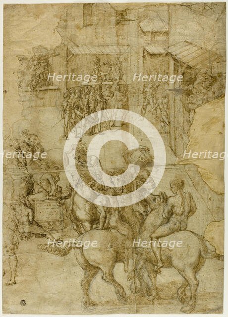 Mythological Pageant (recto); Illegible Inscriptions and Anatomical Studies of...(verso), 1528/29. Creator: Girolamo Genga.