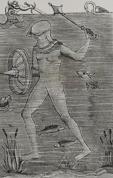 Man-at-arms: Diver using an armoured sealed diving suit to breathe, 1532, (1877).  Creator: Unknown.