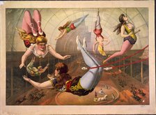 Female acrobats on trapezes at circus, c. 1890. Artist: Calvert Litho. Co.  