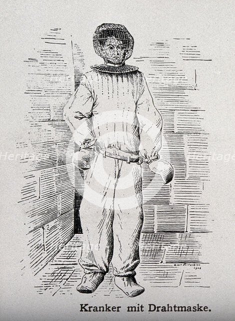 A mentally ill patient with mask and hand restraints, 1908. Creator: Unknown.