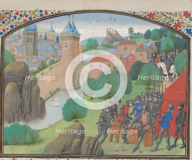 Soldiers playing dice before the city of Caesarea. Miniature from the Historia by William of Tyre, 1460s. Artist: Anonymous  