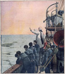 Prayers at the scene of the sinking of the Titanic, 1912. Artist: Unknown