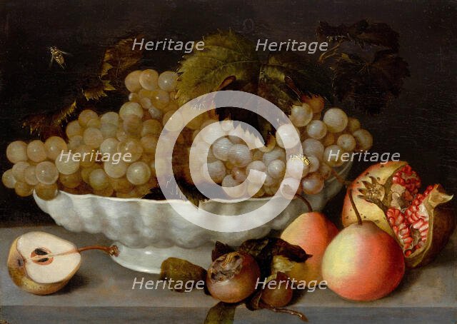 Still life with grapes in a white ceramic bowl, a pomegranate and pears on a..., early 17th cen.. Creator: Galizia; Fede (1578-1630).