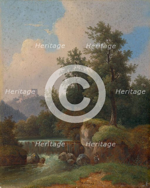 Landscape with castle and dam, 1850-1860. Creator: Josef Jonas.