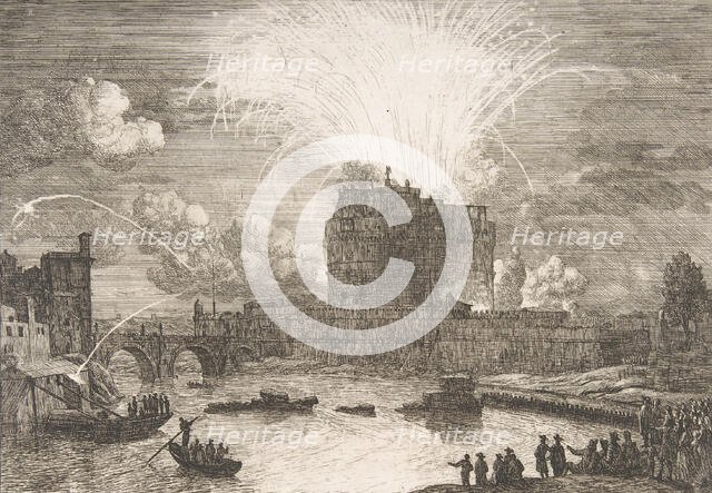 Fireworks in Rome Over Castel Sant' Angelo, 18th century. Creator: Adriaen Manglard.