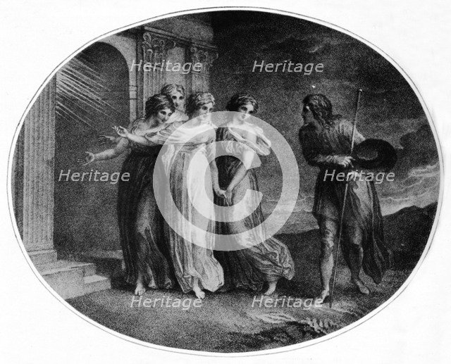 'Prudence, Piety, Charity and Discretion inviting Christian into the Palace Beautiful', 1789, (1912) Artist: Thomas Stothard.