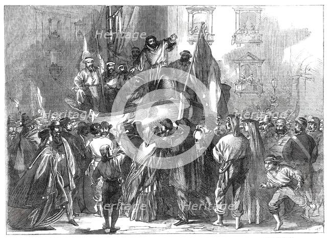 Padre Giovanni addressing the people in front of the Jesuits' College, Naples..., 1860. Creator: Unknown.