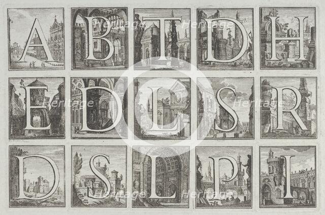 Roman alphabet against architectural backgrounds, from G. P. Zanotti's Il Claustro di San ..., 1776. Creator: Pio Panfili.