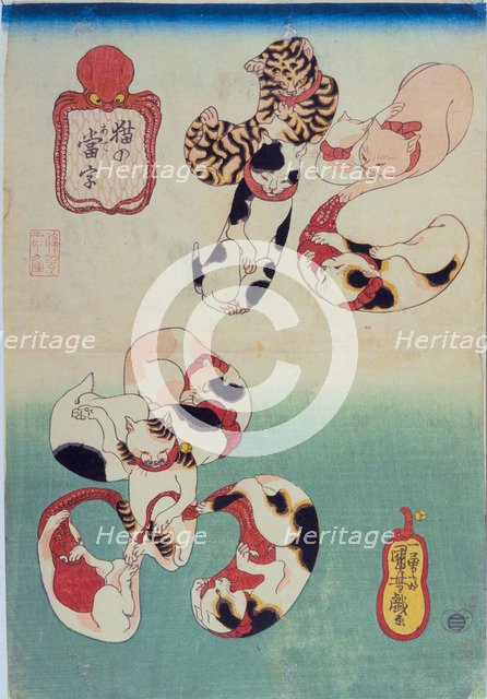 Cats forming the caracters for Octopus, from the series Cat Homophones (Neko no Ateji), ca 1842.