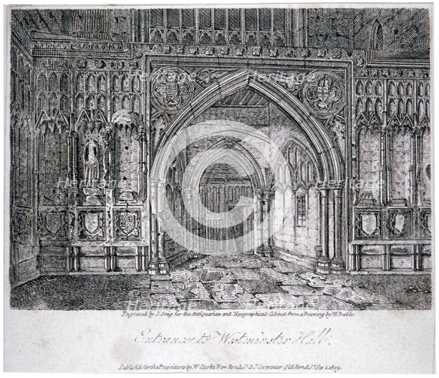 View of the entrance to Westminster Hall, London, 1809.                                     Artist: John Greig