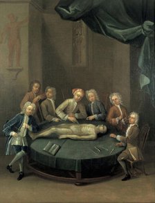 William Cheselden giving an anatomical demonstration to six spectators in the anatomy...1730s. Creator: Unknown.