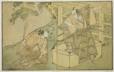 The Actors Onoe Matsusuke I as Akaboshi Taro (right), and Azuma Tozo II as Shirotae..., c. 1772. Creator: Shunsho.