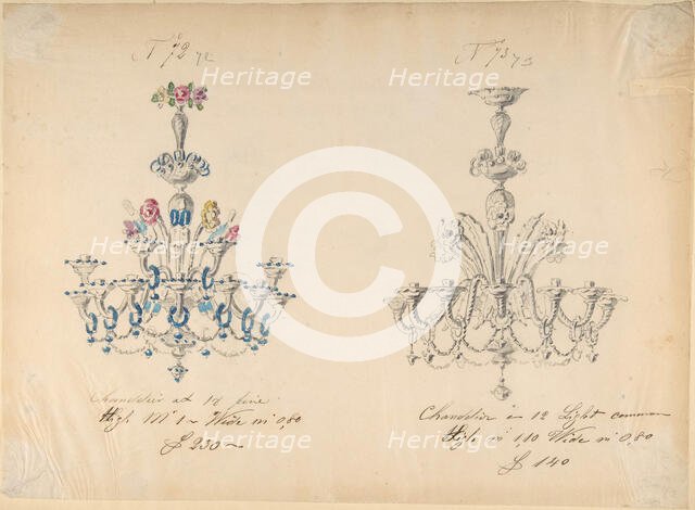 One of Twenty-Three Sheets of Drawings of Glassware (Mirrors, Chandeliers, Goblets, etc.), 1850-80. Creator: Compagnia di Venezia & Murano.