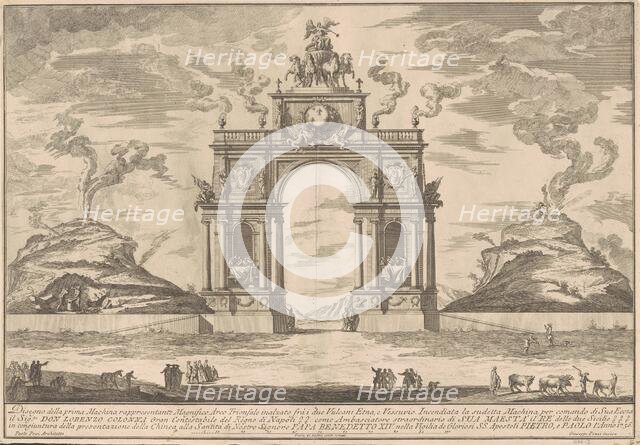 The Prima Macchina for the Chinea of 1756: A Triumphal Arch between Mount Etna..., 1756. Creator: Giuseppe Pozzi.