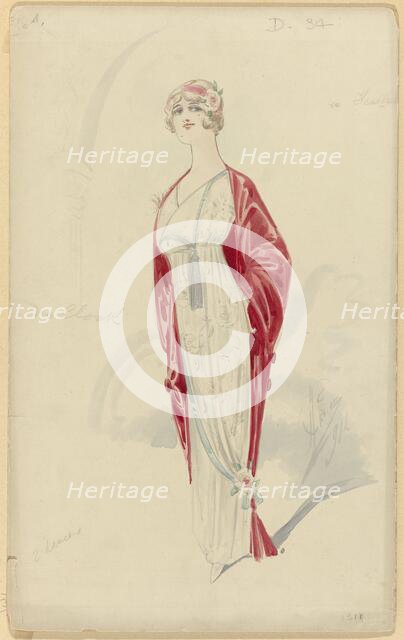 Woman in white evening dress with floral pattern, No. D.34, 1914. Creator: Price.