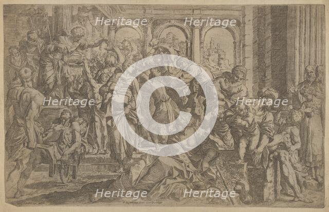 Saint Roch at left distributing alms to a group of people gathered around him, after A..., ca. 1607. Creator: Francesco Brizio.