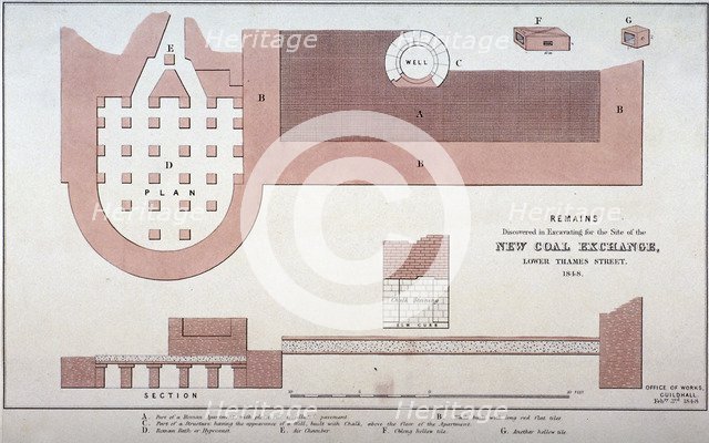 Roman remains on the site of the Coal Exchange, City of London, 1848. Artist: Anon