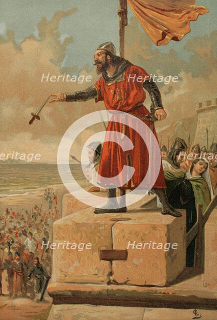 Guzmán the Good throws his dagger at the Muslims during the siege of Tarifa in 1296, 1890.  Creator: Unknown.