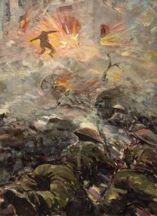 British soldiers throwing grenades at pill-box fortification, between 1939 and 1946. Creators: Unknown, Central Office of Information.