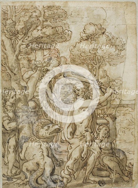 Hercules Slaying the Serpent Ladon in the Garden of the Hesperides, n.d. Creator: Andrea Lilio.