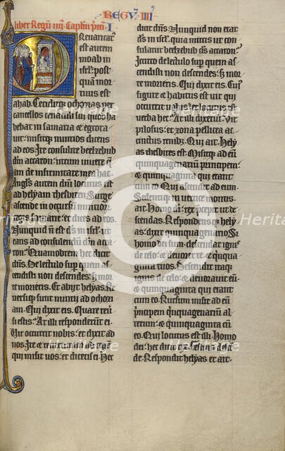 Initial P: Ahaziah Tumbling from a Window; Marquette Bible, about 1270. Creator: Unknown.