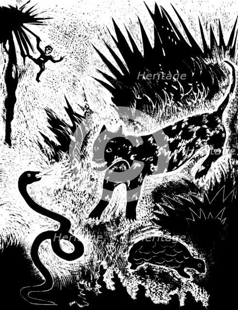 Illustration from the book Just so stories..., by Rudyard Kipling, 1931.  Artist: David Sterenberg