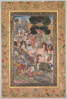 Babur meeting with Sultan Ali Mirza at the Kohik River, from a Babur-nama (Memoirs of Babur), c. 159 Creator: Unknown.