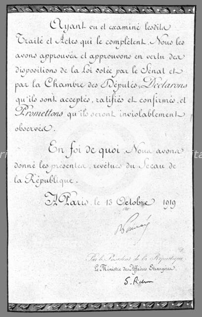 'Le document de Versailles; signatures de MM Raymond Poincare et Pichon', 1919. Creator: Unknown.