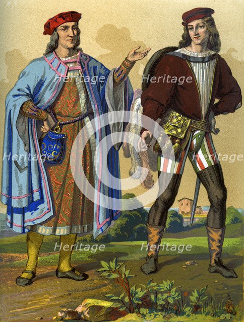 An English courtier of 1450 and an English gentleman of 1500 (1849).Artist: Edward May