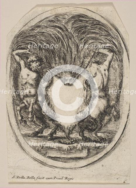 Cartouche Formed by a Tiger Skin Flanked by Two Centaurs, 1647. Creator: Stefano della Bella.
