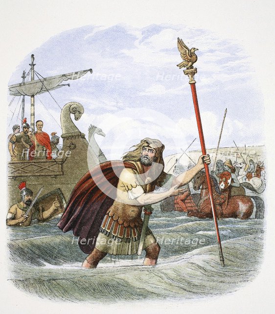 The Roman standard bearer of the 10th legion landing in Britain, 55BC (1864).  Artist: James William Edmund Doyle