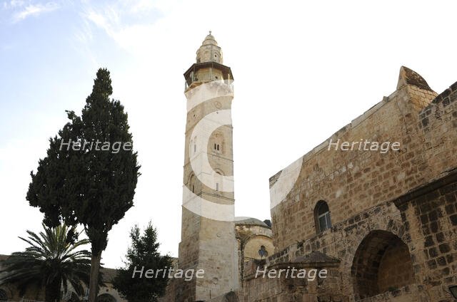 Minaret of the Mosque of Omar near the basilica of the Holy Sepulchre, Jerusalem, Israel, 2014.  Creator: LTL.