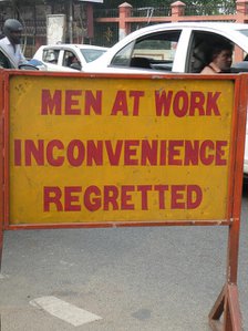 Men at work road sign in India, 2019. Creator: Unknown.