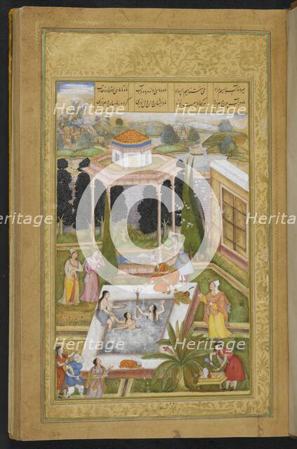 The owner of the garden discovering maidens bathing in the pool..., 1595. Creator: Sanwlah.