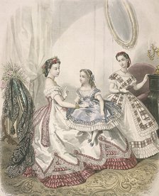 Two women and a small girl wearing the latest indoor fashions, c1860. Artist: Millia Lacouriere 