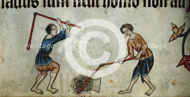 Two men threshing sheaf (From the Luttrell Psalter), ca 1330. Artist: Anonymous  