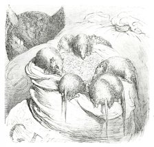 Cat watching rodents eating grain, 1860.  Creator: Unknown.