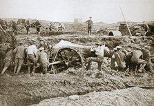 Manoeuvring a big gun in the mud, Somme campaign, France, World War I, 1916. Artist: Unknown