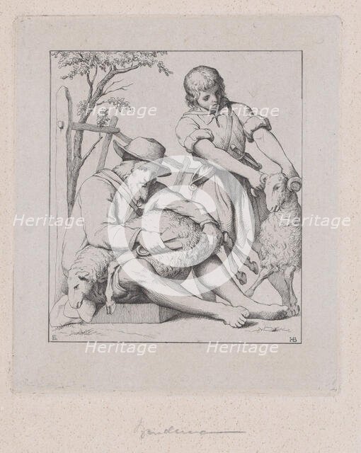 Two men sheep shearing, ca. 1842. Creator: Eduard Julius Friedrich Bendemann.