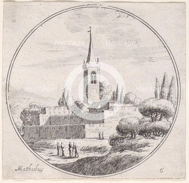 Plate 6: church steeple at center, with groups of people standing in a landscape belo..., 1680-1747. Creator: Lodovico Mattioli.