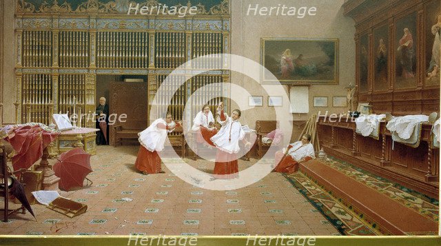  'In the Sacristy', Painting by Germán Alvarez Algeciras (1848-1912).