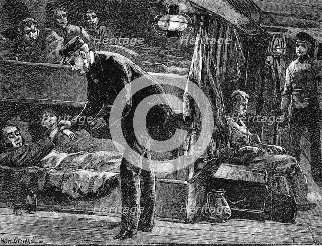 Taking the pulse of a sick Irish emigrant on board ship, (1840s) c1890. Artist: Unknown