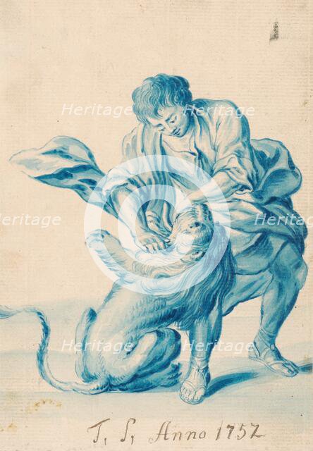 Man wrestling with a lion, 1752. Creator: Judas Thaddeus Supper.