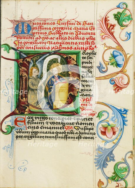 Initial P: The Annunciation; Prayer Book, about 1470-1480. Creator: Workshop of Valentine Noh.